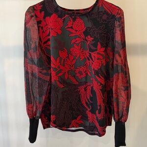 Chico's Black Sheer Blouse with Red Floral Print